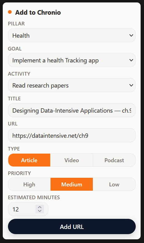 Add URL form in the Chronio extension, with Pillar, Goal and Activity chosen before saving