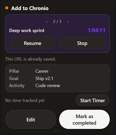 Chronio extension popup showing a running timer, with pause and stop controls