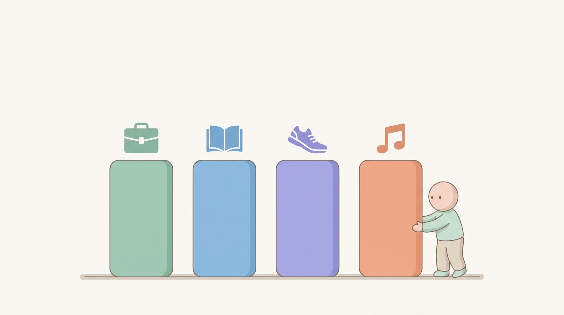 Four coloured pillar columns topped with icons for work, reading, exercise and music